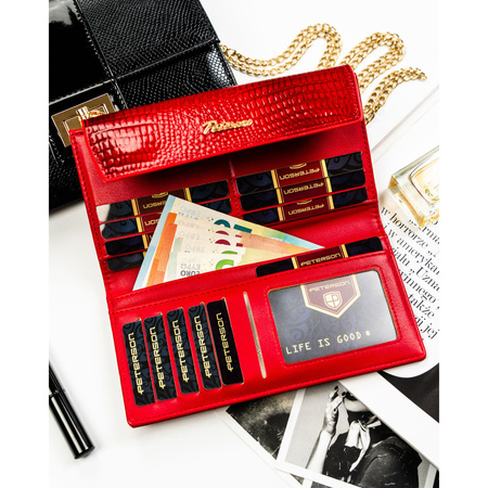 Große, horizontale Damen-Geldbörse aus Öko-Leder in Rot mit Krokodilhaut-Prägung – Peterson