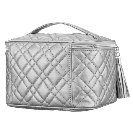 Gesteppte Kosmetiktasche aus synthetischem Stoff in Silberfarbe mit Reißverschluss – Peterson