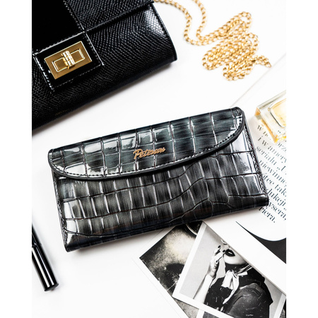 Graue Damen-Geldbörse aus Öko-Leder mit Krokodilhautmuster-Prägung, verschließbar mit Magnetverschluss - Peterson