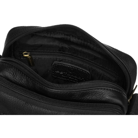 Schwarze Herren-Umhängetasche mit zwei Fächern aus Leder, aufgehängt an einem verstellbaren Gürtel – Peterson