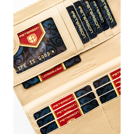 Beige Damen-Geldbörse aus Leder mit Magnet- und Reißverschluss, verziert mit einem Geflecht – Peterson