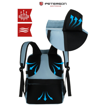 Reise-Rucksack in Blau, zweifach unterteilt und an verstellbaren Schultergurten aufgehängt – Peterson