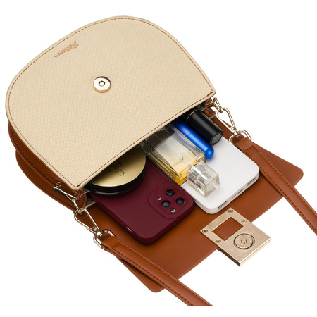 Kleine Damenhandtasche in Hufeisenform in den Farben Ecru und Braun, mit Magnetclip verschließbar – Peterson