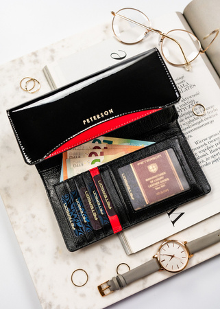 Große, klassische Damen Geldbörse in Schwarz mit Druckknopfverschluss – Peterson