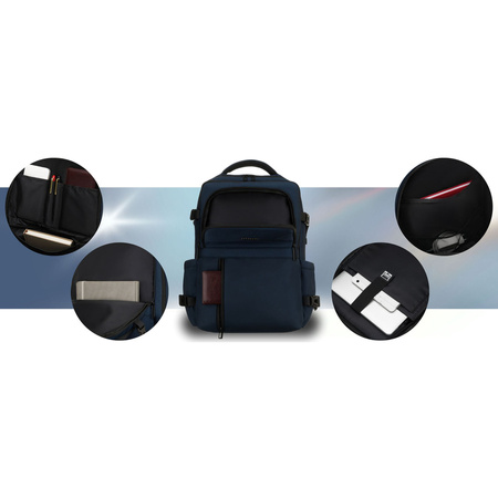 Dunkelblauer Reise-Rucksack aus Polyester mit Laptopfach, aufgehängt an verstellbaren Schultergurten – Peterson