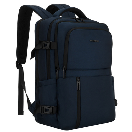 Dunkelblauer Reise-Rucksack aus Polyester mit Laptopfach, aufgehängt an verstellbaren Schultergurten – Peterson