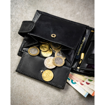 Herren-Geldbörse aus Leder in Schwarz, mit RFID-System und Druckknopfverschluss - Peterson