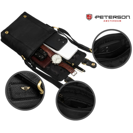 Schwarze Herren-Umhängetasche aus Naturleder mit Reißverschluss und Druckknöpfen - Peterson