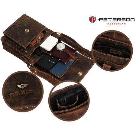 Herren-Umhängetasche aus Leder in Braun mit goldenen Beschlägen - Peterson