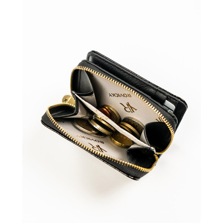 Damen-Geldbörse aus Leder in Schwarz mit Reißverschluss und Druckknopf – Rovicky