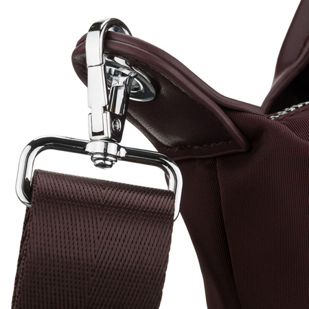 Bordeauxfarbene Damen-Umhängetasche aus Polyester, aufgehängt an einem breiten Gürtel und handlichen Griffen – Peterson