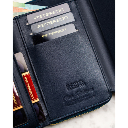 Damen-Geldbörse aus Öko-Leder, horizontal, dunkelblau, mit Druckknopfverschluss – Peterson