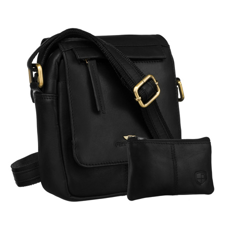 Schwarze Herren-Umhängetasche aus Leder mit Überschlag und Etui im Set – Peterson