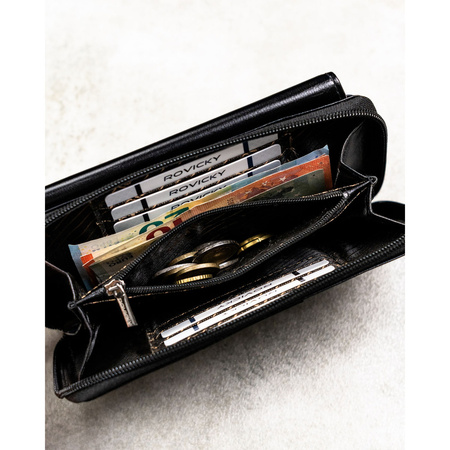 Schwarze, zweifach unterteilte Herren-Handgelenktasche aus Leder mit RFID-System – Rovicky