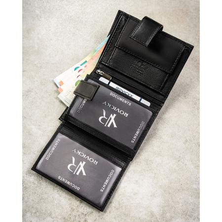 Große Herren-Geldbörse aus echtem Leder in Schwarz, passend für Fahrzeugschein, mit Druckknopfverschluss - Rovicky