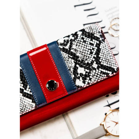 Rote Damen Geldbörse mit Schlangenhautmuster auf der Klappe, Druckknopfverschluss – Peterson