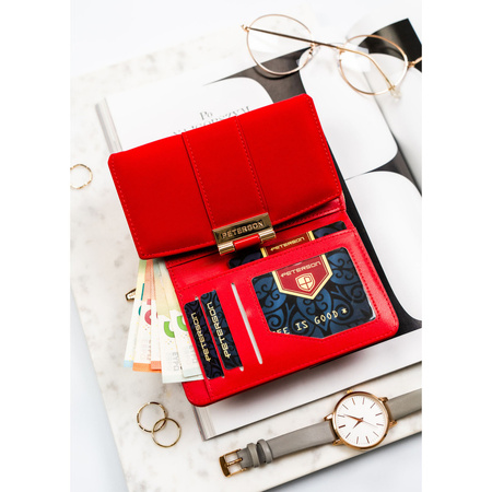 Damen-Geldbörse aus Öko-Leder in Rot, querformatig mit Druckknopf – Peterson