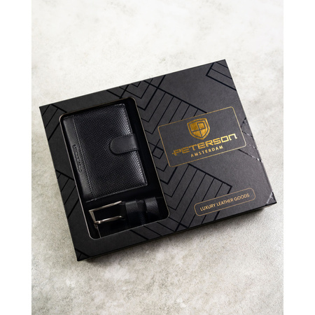 Geschenkset: vertikale Herren-Geldbörse aus Leder in Schwarz und schwarzer Gürtel aus Öko-Leder - Peterson