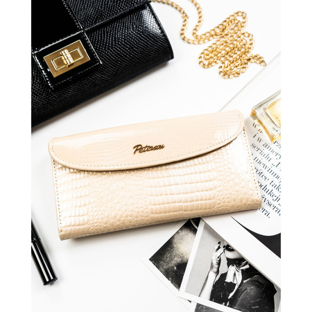 Horizontale, beige Damen-Geldbörse aus Öko-Leder mit Krokodil-Prägung – Peterson