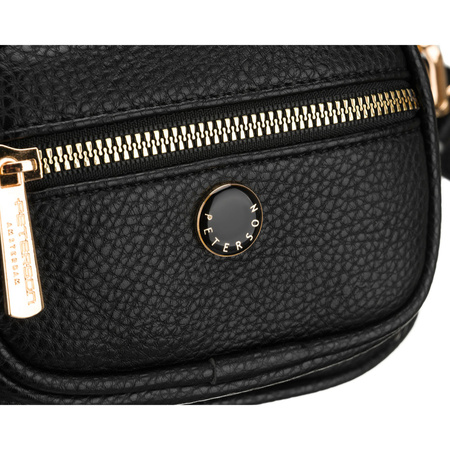 Schwarze Damen-Gürteltasche aus Öko-Leder mit Reißverschluss, getragen an einem verstellbaren Riemen – Peterson