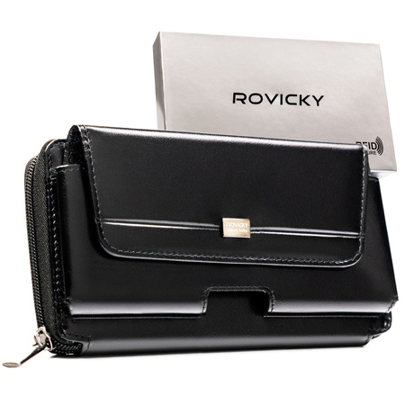 Schwarze, zweifach unterteilte Herren-Handgelenktasche aus Leder mit RFID-System – Rovicky