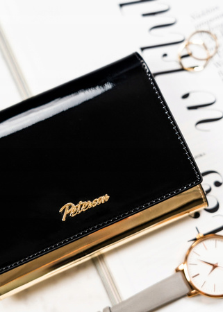 Klassische Damen Geldbörse aus echtem Leder in Schwarz-Gold mit Druckknopf und Bügelverschluss – Peterson