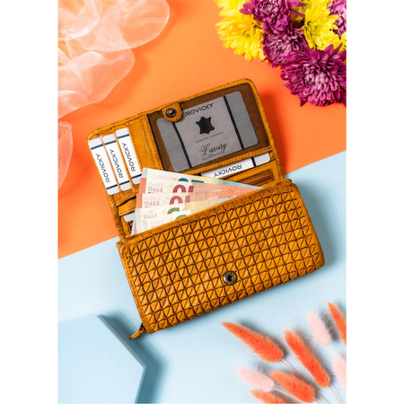 Senfgelbe Damen Geldbörse mit geometrischem Muster aus Echtleder – Rovicky