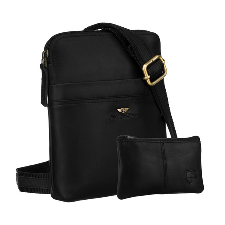 Schwarze, praktische Herren-Umhängetasche aus Naturleder mit Außentaschen und Etui im Set – Peterson
