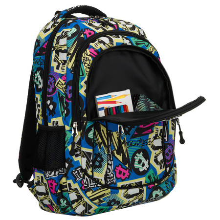 Jugendrucksack für die Schule, aus Polyester mit einem Graffiti-Muster genäht, an verstellbaren Trägern aufgehängt - Peterson