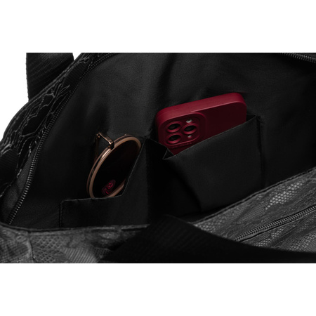 Schwarzer Damen-Shopper aus Polyester, aufgehängt an bequemen Griffen, mit einer äußeren Reißverschlusstasche – Rovicky