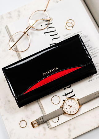 Große, klassische Damen Geldbörse in Schwarz mit Druckknopfverschluss – Peterson