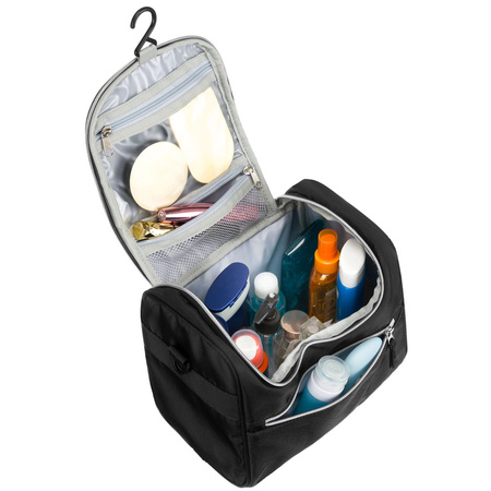 Schwarze, praktische Reise-Kulturtasche aus synthetischem Stoff mit passendem Gürtel – Peterson