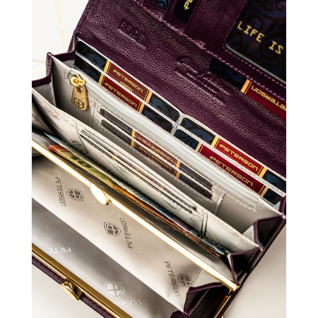 Damen-Geldbörse aus Natur- und Öko-Leder in violetter Farbe mit Druckknopfverschluss – Peterson