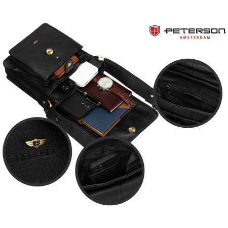 Schwarze Herren-Umhängetasche aus Leder mit Klappe, aufgehängt an einem verstellbaren Gürtel - Peterson