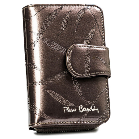 Kleine, vertikale Damen Geldbörse aus lackiertem Leder mit Blättermotiv – Pierre Cardin