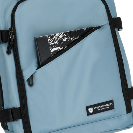 Reise-Rucksack in Blau, zweifach unterteilt und an verstellbaren Schultergurten aufgehängt – Peterson