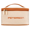 Beige-braune Kosmetiktasche aus synthetischem Stoff ausgestattet mit einem Griff, mit Reißverschluss geschlossen - Peterson