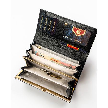 Große Damen-Geldbörse aus Natur- und Öko-Leder in Schwarz, mit Druckknopfverschluss – Peterson