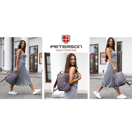 Damen-Rucksack in Grau, an verstellbaren Trägern hängend und mit Reißverschluss geschlossen - Peterson