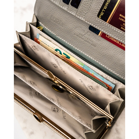 Große, horizontale Damen Geldbörse mit Druckknopf aus lackiertem Echtleder mit Blumenmuster – Peterson