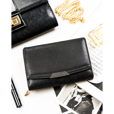 Schwarze Damen-Geldbörse aus Öko-Leder mit Druckknopf- und Reißverschluss – Peterson