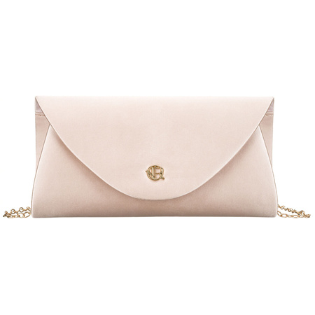 Elegante Damen-Clutch in Beige aus Synthetikstoff und an einer Kette hängend - Rovicky