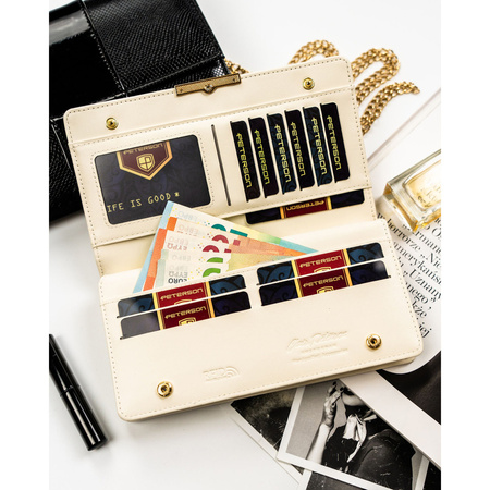 Damen-Geldbörse aus ökologischem Leder in Ecru, mit Druckknopf und Reißverschluss verschließbar - Peterson