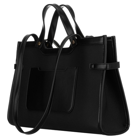 Schwarze Damenhandtasche mit Magnetverschluss, an bequemen Tragegriffen getragen – Peterson