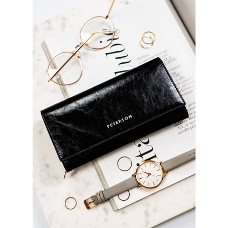 Große Damen Geldbörse aus Leder in Schwarz mit Druckknopfverschluss – Peterson