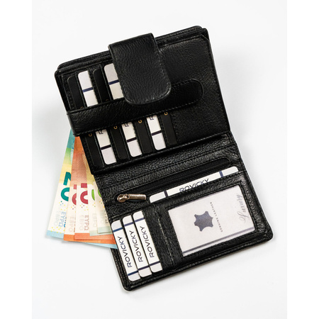 Schwarze Damen Geldbörse im Hochformat aus Leder mit Druckknopf – Rovicky