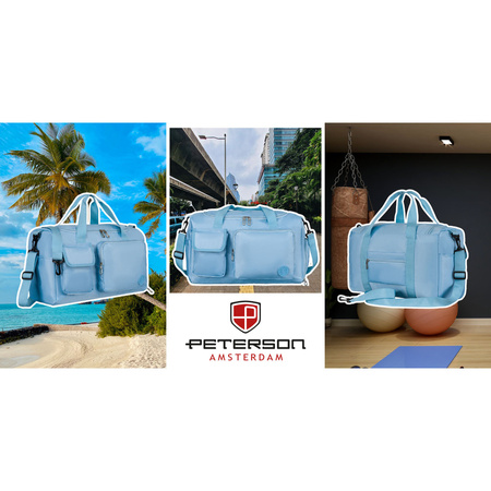 Hellblaue Sport-Reisetasche aus Polyester mit Schultergurt und Koffergurt – Peterson