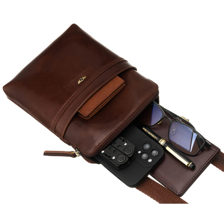 Braune, praktische Herren-Umhängetasche aus Naturleder mit Außentaschen und Etui im Set – Peterson