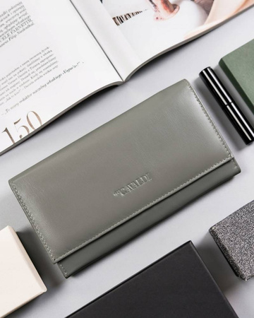 Elegante, längliche Damen Geldbörse mit Überschlag und Druckknopf – Cavaldi