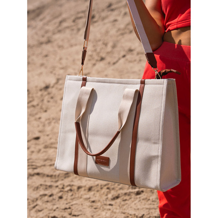 Modische Damen Shopper Tasche in Braun-Beige mit verstellbarem Gurt – Peterson